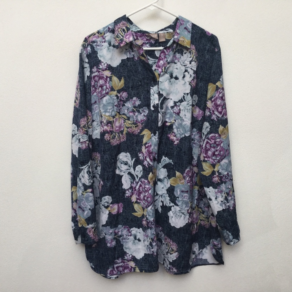 Chico's Dark Blue Floral Long Sleeve Button Down Blouse Size 3 (XL-16)